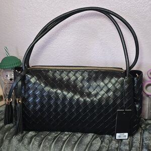 Woven Black Shoulder Bag with Tassel Accents